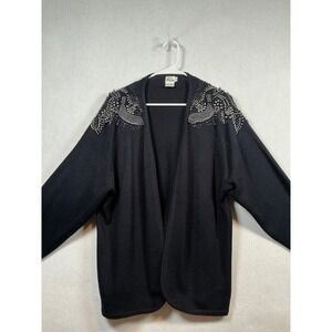 Darian Black Embellished Beaded Shoulder Open Front Cardigan Sweater Women's XL